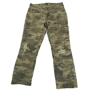 Gap Women Green Denim Camo Long Best Girlfriend Pants Straight Distressed SZ 26P